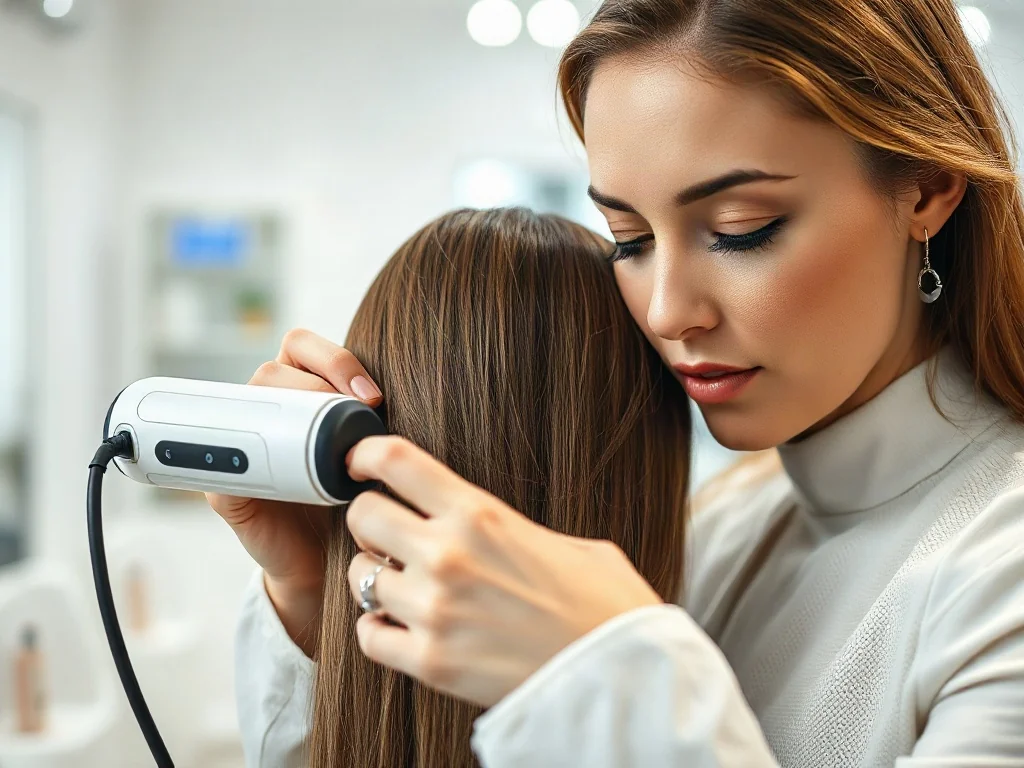 Profesjonalistka używa nowoczesnego urządzenia laserowego do precyzyjnego mocowania pasemek podczas zabiegu przedłużania włosów.