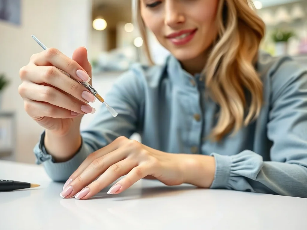 Profesjonalistka nakłada pędzelkiem bonder na paznokcie, przygotowując dłonie do profesjonalnego manicure w salonie.