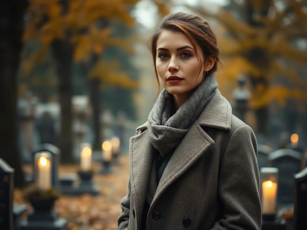 Elegancka kobieta w wełnianym płaszczu i szaliku na tle jesiennego cmentarza, prezentująca stylizację na Wszystkich Świętych.