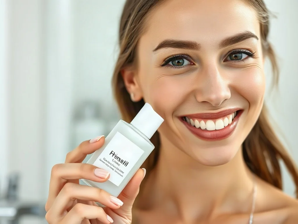 Uśmiechnięta kobieta trzymająca delikatny produkt do pielęgnacji cery w jasnej, minimalistycznej łazience.