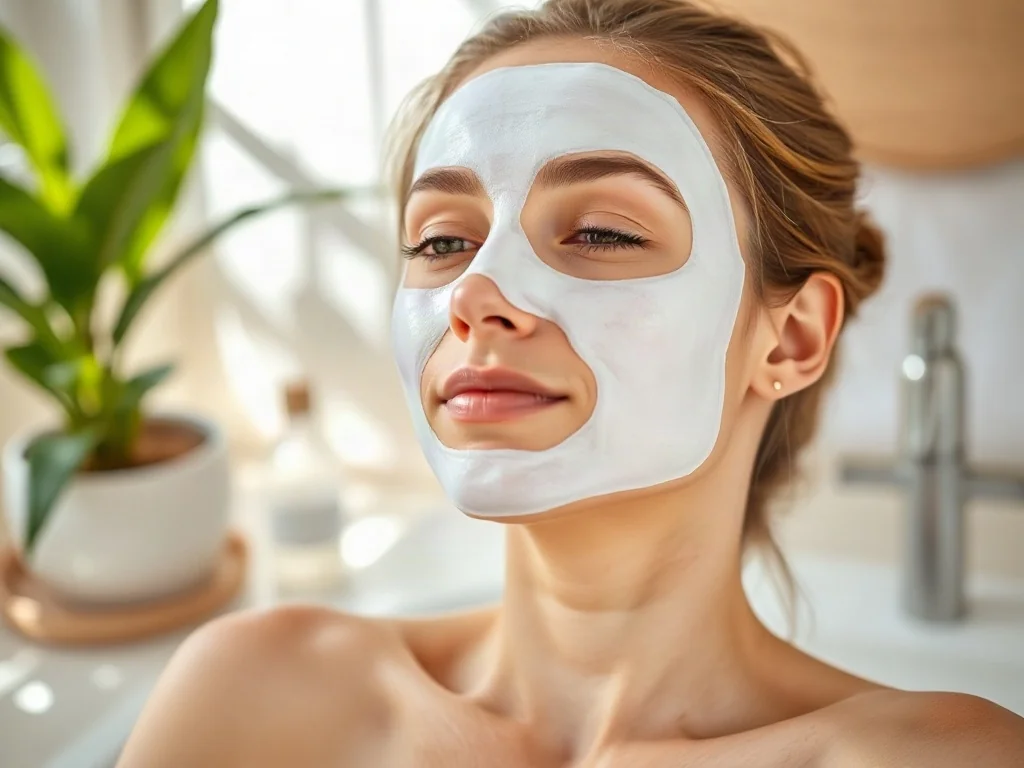Kobieta z białą maską w płachcie na twarzy relaksuje się w jasnej łazience w stylu spa.
